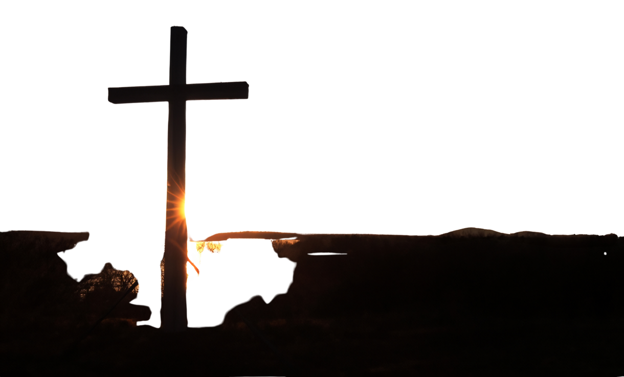 The cross standing on meadow sunset and flare background. Cross on a hill as the morning sun comes up for the day. The cross symbol for Jesus Christ. Easter background concept and The crosses sign.